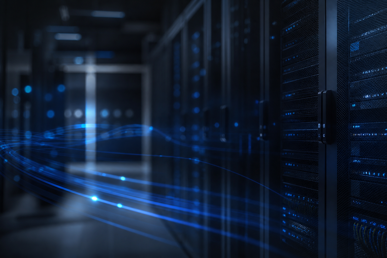 Abstract data-center aisle with blue network lighting, representing hosting migration work.