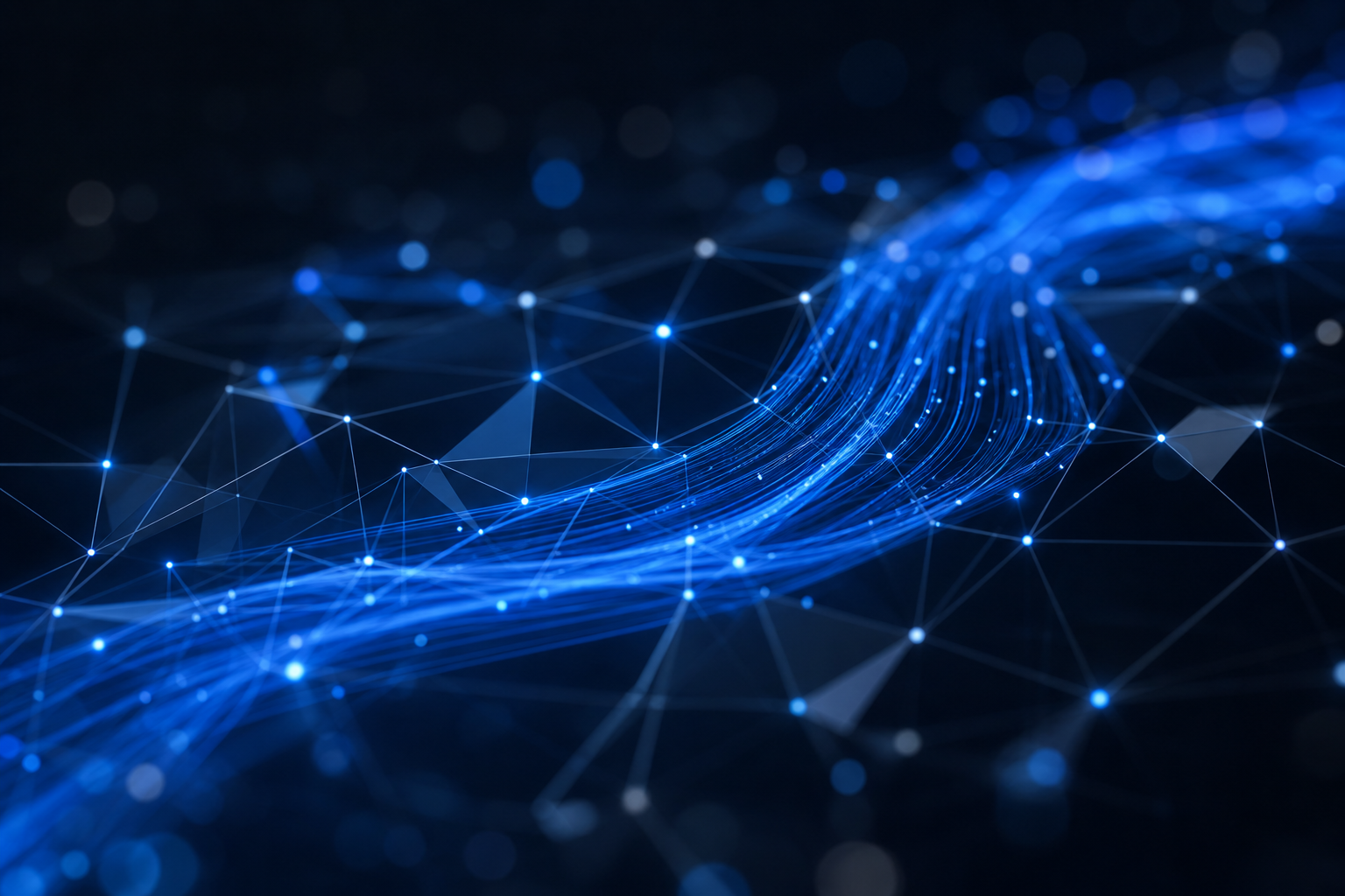 Abstract blue light streams through a dark network mesh, representing email deliverability paths.