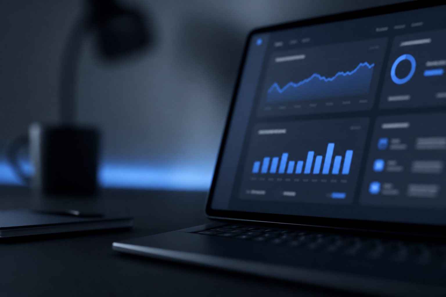 Soft-focus laptop with abstract performance charts and blue glow, representing WordPress performance.